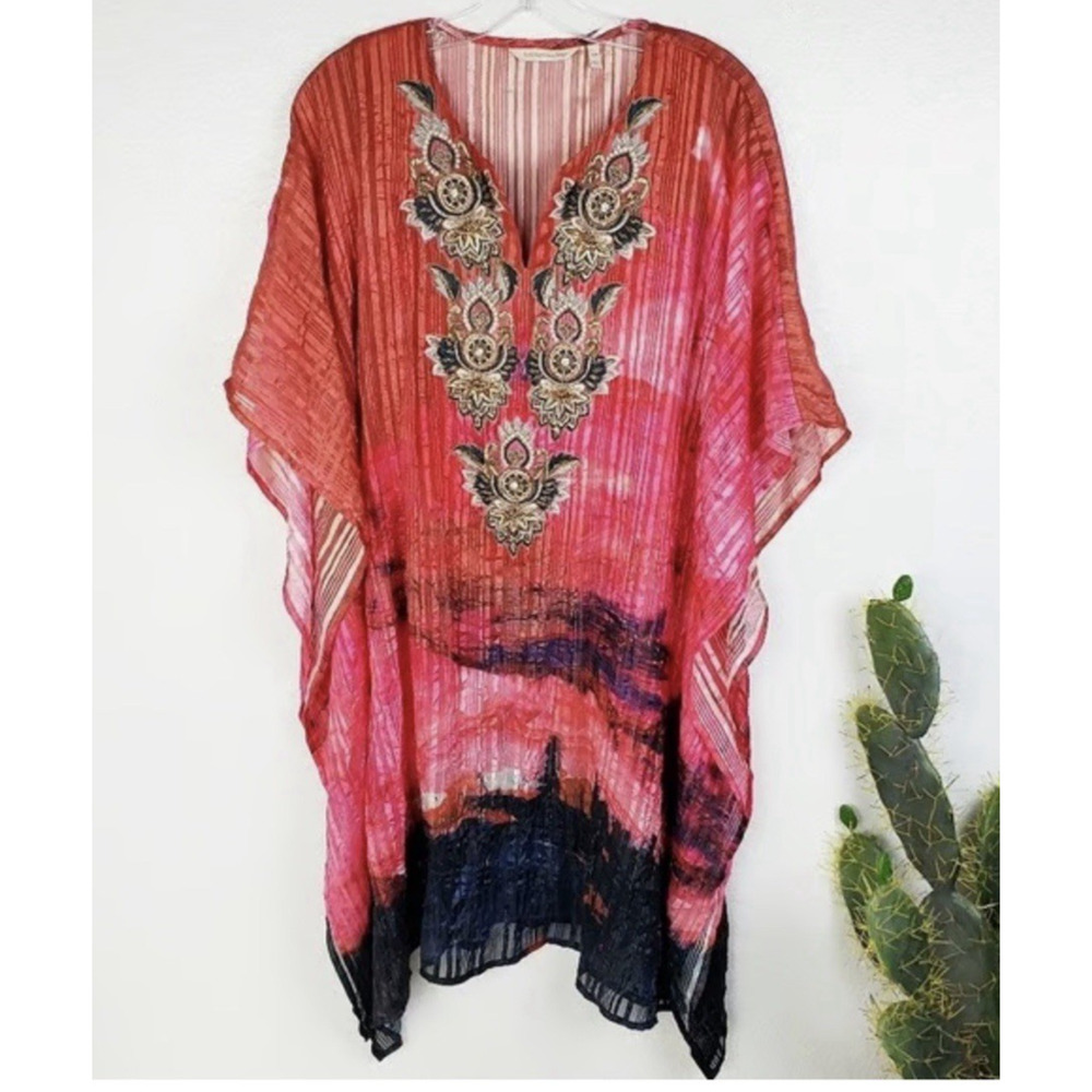 Soft Surroundings womens s m pink bohemian embellished maxi kaftan dress kimono